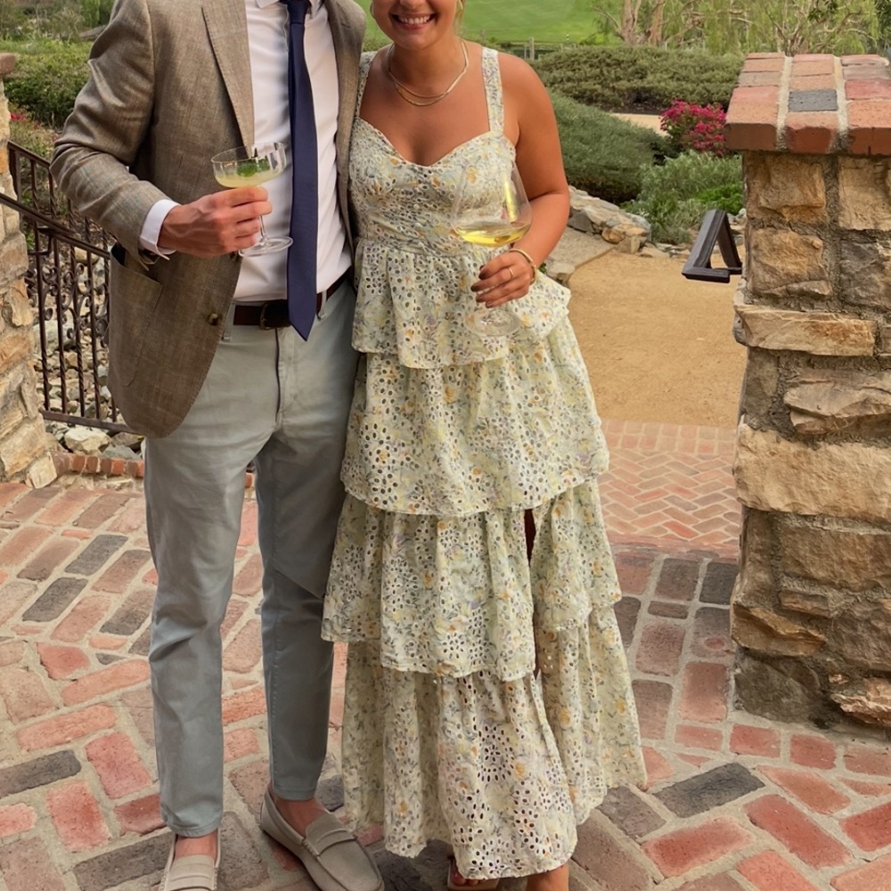 Astr Floral Tiered Midi Dress in Cream and Blue